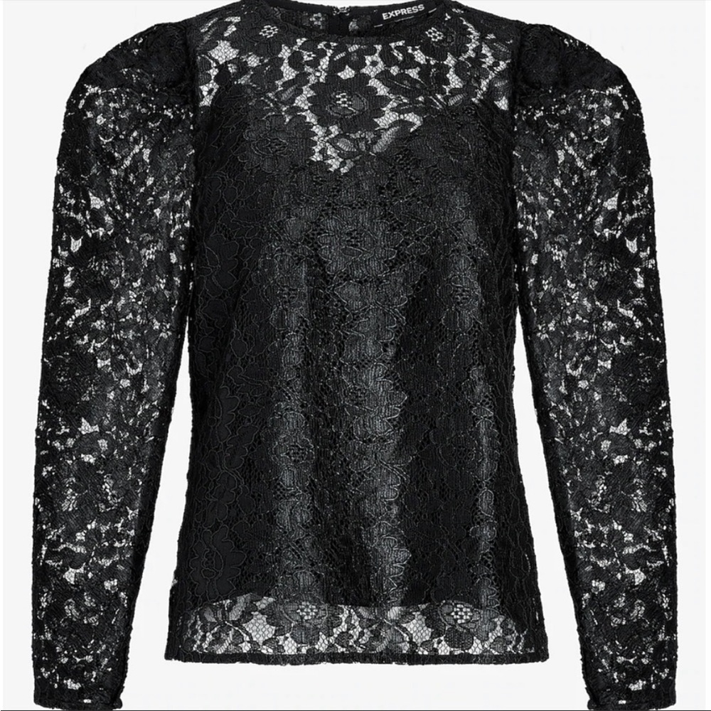 NWT! EXPRESS Black Lace w/ Puff Long Sleeve Blouse & attached Black Cami Size: S - Picture 3 of 4